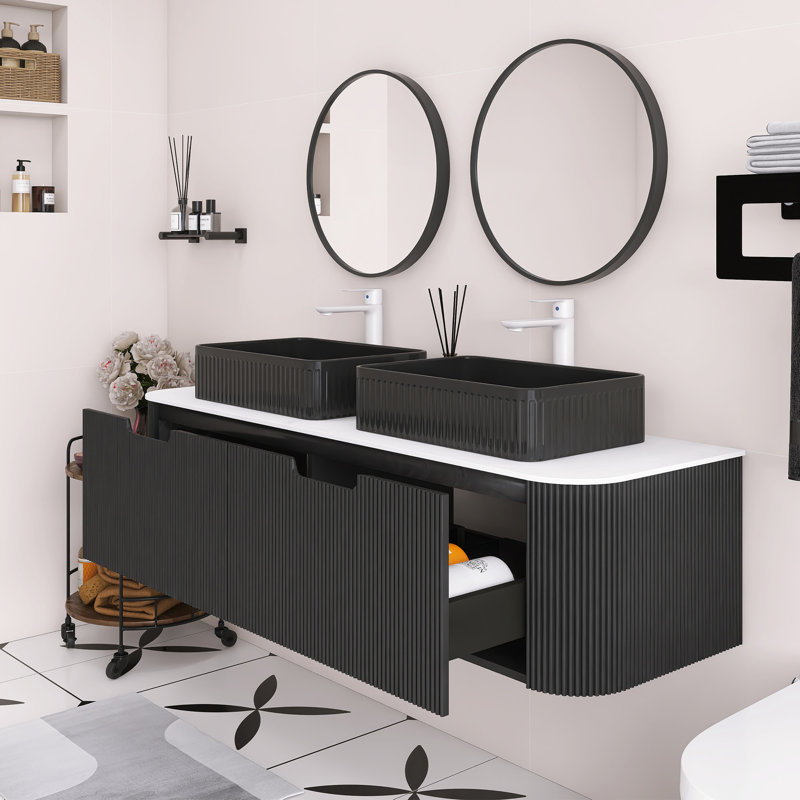 Meuble-lavabo mural de 60 po de couleur grain de bois avec bords arrondis et conception rayée, armoire de rangement avec 2 tiroirs, 2 lavabos rectangulaires en céramique noire.