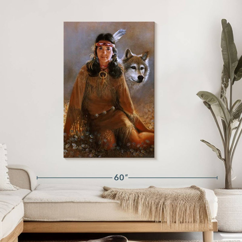 Femme amérindienne, peinture, H 45 po x l 30 po x P 1,25 po