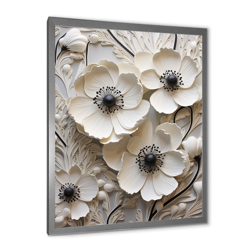 Décoration murale blanche renoncules blancs sur beige II - renoncules, Cadre simple argenté, H 44 po x l 34 po x P 1,5 po