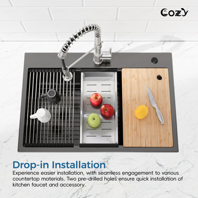 Évier de cuisine en acier inoxydable, bol simple 36 po x 22 po, lavabo sur pied fait à la main en noir, avec planche à découper, passoire, grille