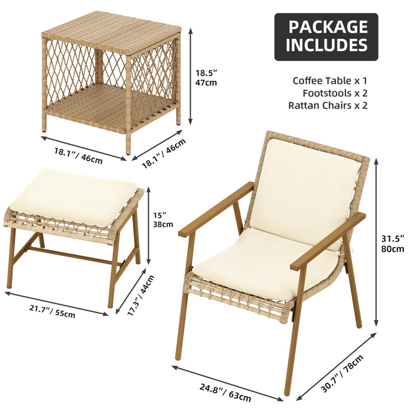 Bay Isle Home™ Outdoor Rattan Conversation Set with 2 Ottomans and 1 Square Coffee Side Table