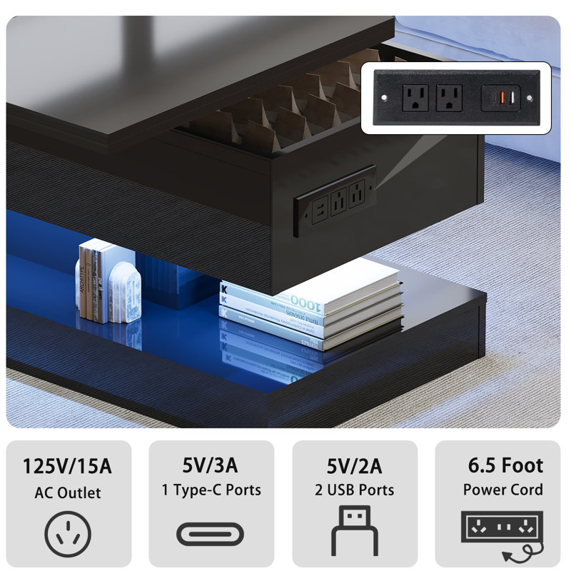 47.2 Inch Large Lift Top Coffee Table Modern High Glossy LED Storage Table with APP Control for Living Room Dining Room Home Office Black 47.2"l*19.29"w*17.72"h