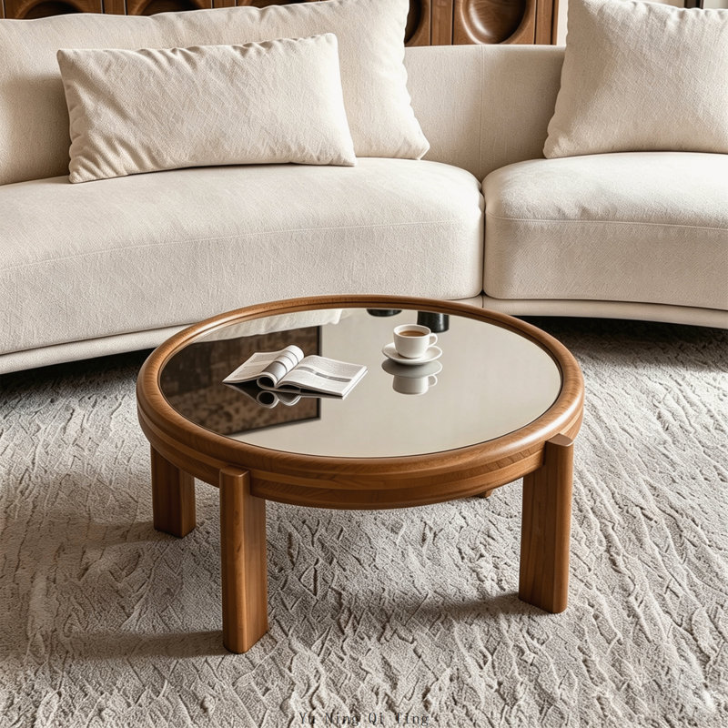 Table basse ronde de 85 cm (33,46 pouces) avec plateau miroir argenté, structure en bois massif et pieds cylindriques, chêne miel