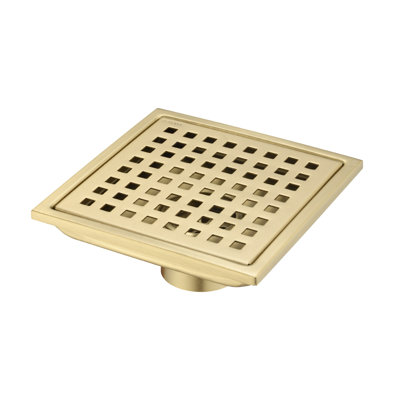 Drain de plancher de douche carré 6 po avec couvercle en grille et finition dorée, acier inoxydable