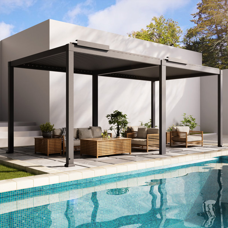 Pergola motorisée à persiennes en aluminium avec lumières DEL intégrées, 10' x 10' 