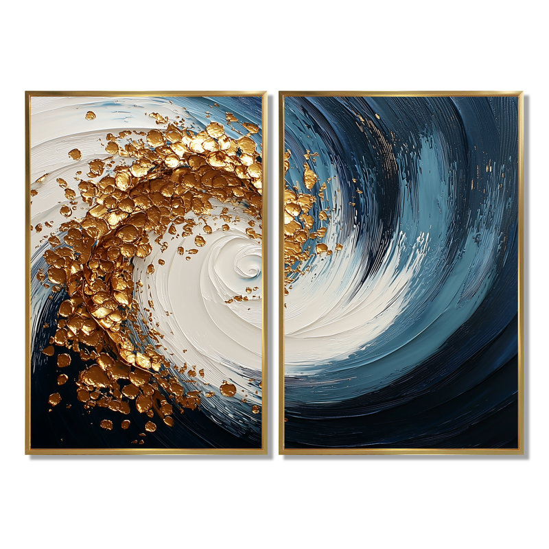 Art mural moderne blanc, bleu et or, "Maelstrom I" - 2 pièces, 36" H x 48" W, Impression encadrée flottante, Gold