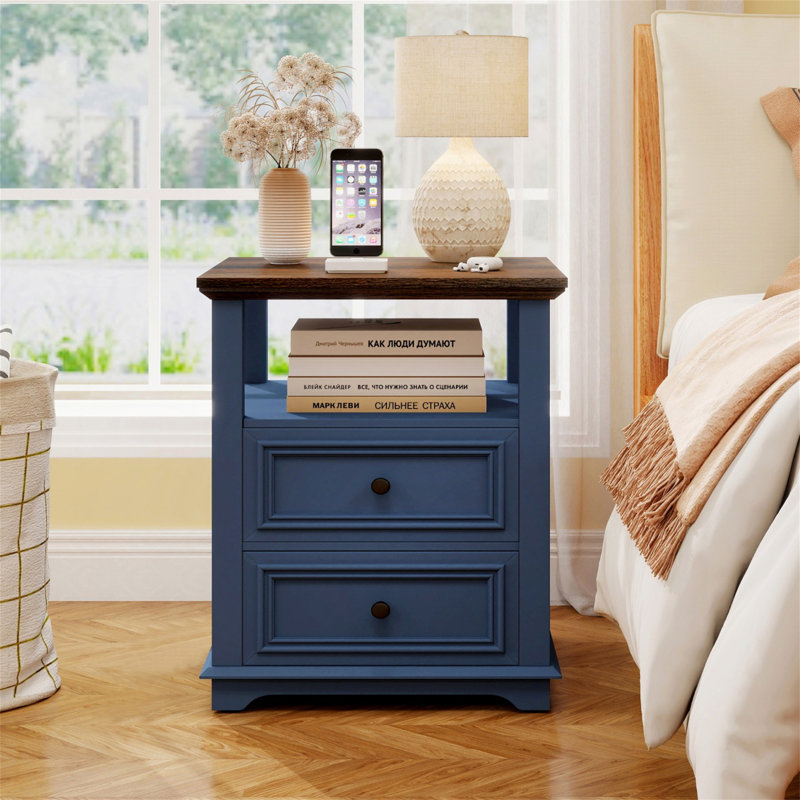 18"Farmhouse Wood Nightstand Set Of 2 With Charging Station, Drawers & Open Shelf - Modern Bedside End Table For Bedroom/Living Room