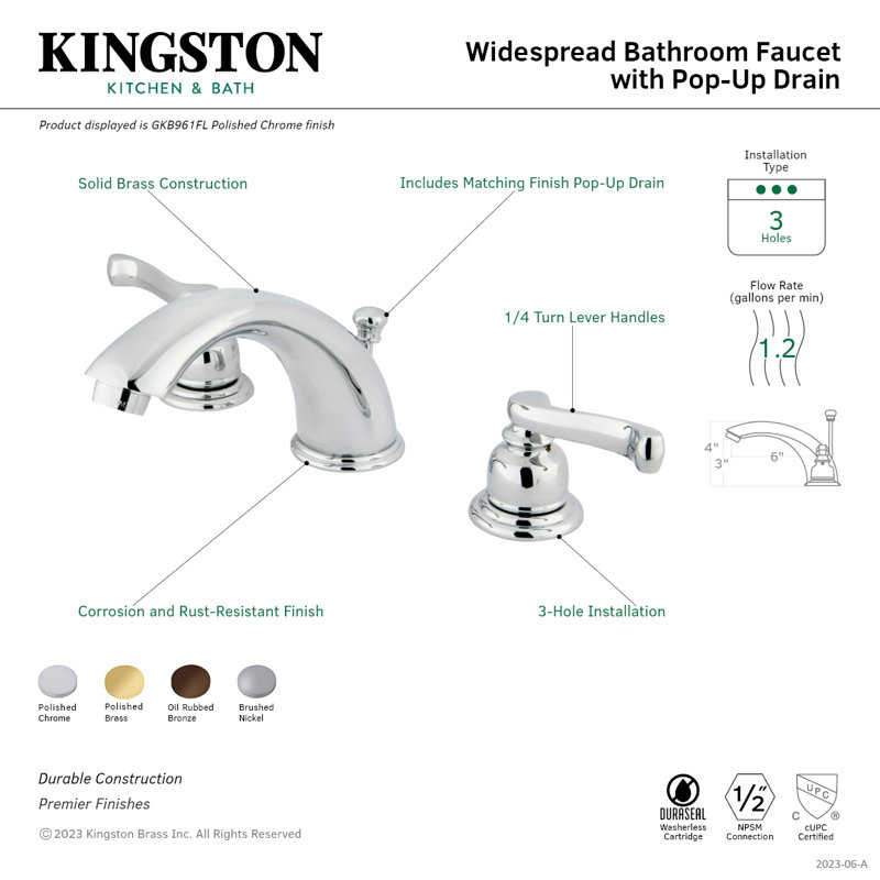 Kingston Brass Royale Two-Handle 3-Hole Deck Mount Widespread Bathroom Faucet with Retail Pop-Up Drain, Brushed Nickel