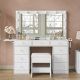 Makeup Vanity with Mirror and Lights, 3 Lighting Modes,Vanity Desk with Power Outlet ,9 Drawers Makeup Table with Chair, Glass Top vanity set