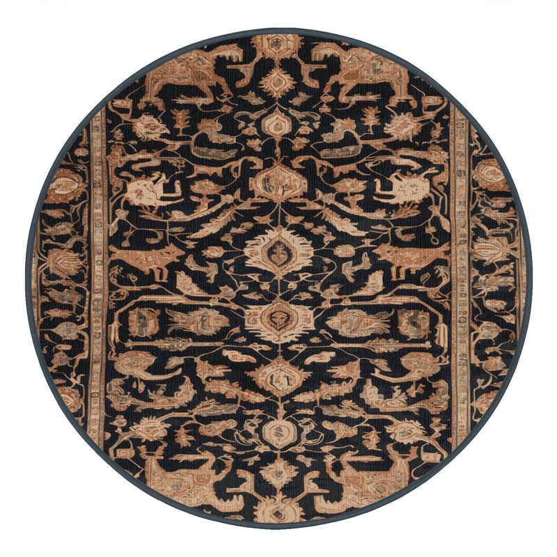 Tapis persan noir lavable à la machine, Rond 3 pi