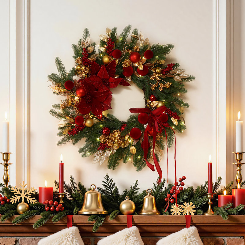 Couronne de Noël pré-illuminée de 61 cm de diamètre avec ornements rouges et dorés