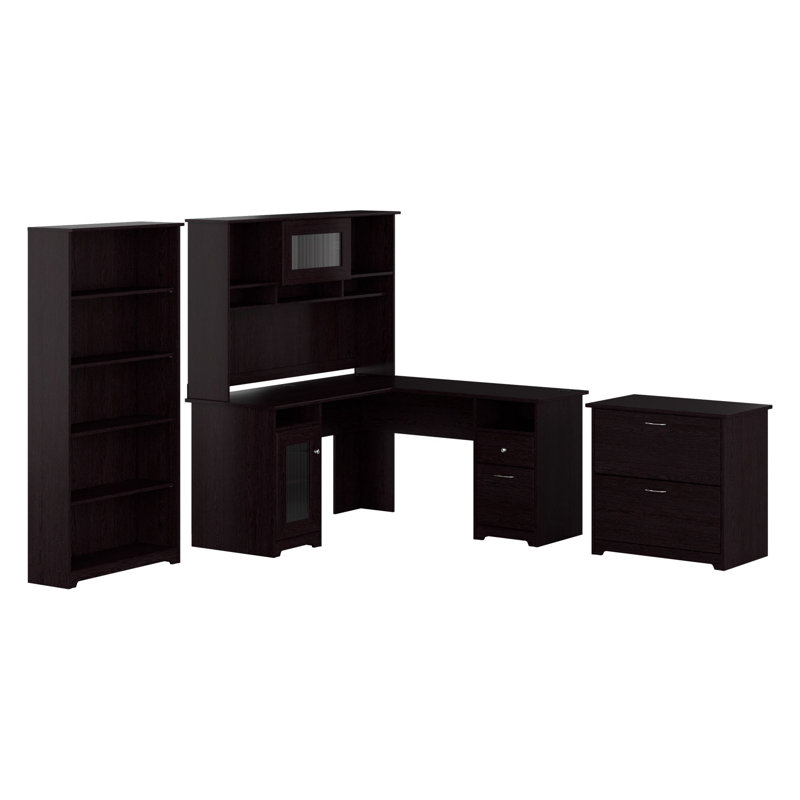 Shelonda 4 Piece Computer Desk Office Set, Espresso Oak