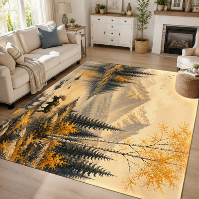 1 tapis imprimé artistique représentant un paysage de montagne, d'élans et de forêt, idéal pour la décoration intérieure