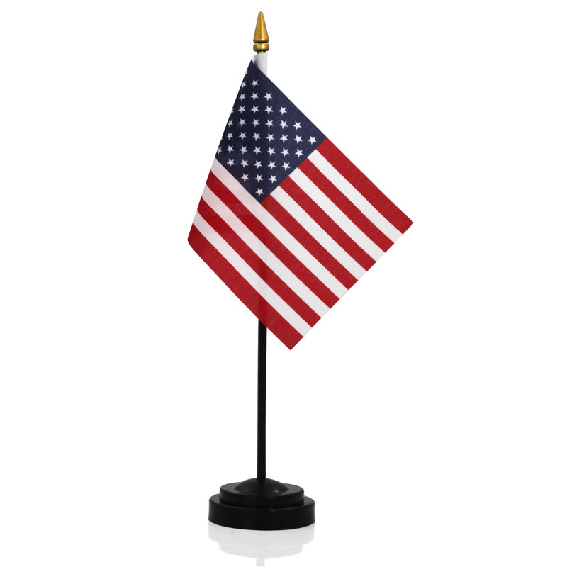 SA Deluxe Desk Flag Set - 6 x 4 inch Miniature American US Desktop Flag with 12" Solid Pole - Vivid Color and Fade Resistant - Black Base and Spear Top
