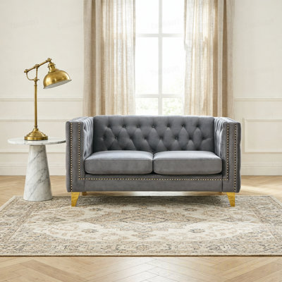 Velvet Sofa for Living Room,Buttons Tufted Square Arm Couch, Modern Couch Upholstered Button and Metal Legs, Sofa Couch for Bedroom Velvet
