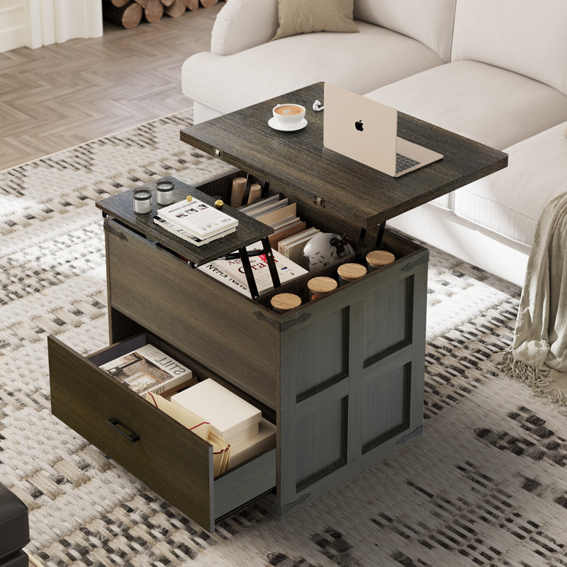 Wynny Farmhourse Wood Square Coffee Table, Lift Top Coffee Table with 4-in-1 Storage, Dark Gray