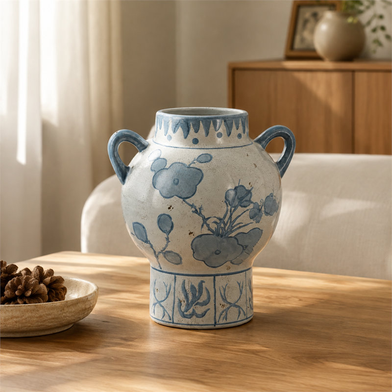 Blue and White Ceramic Vase with Abstract Floral Pattern