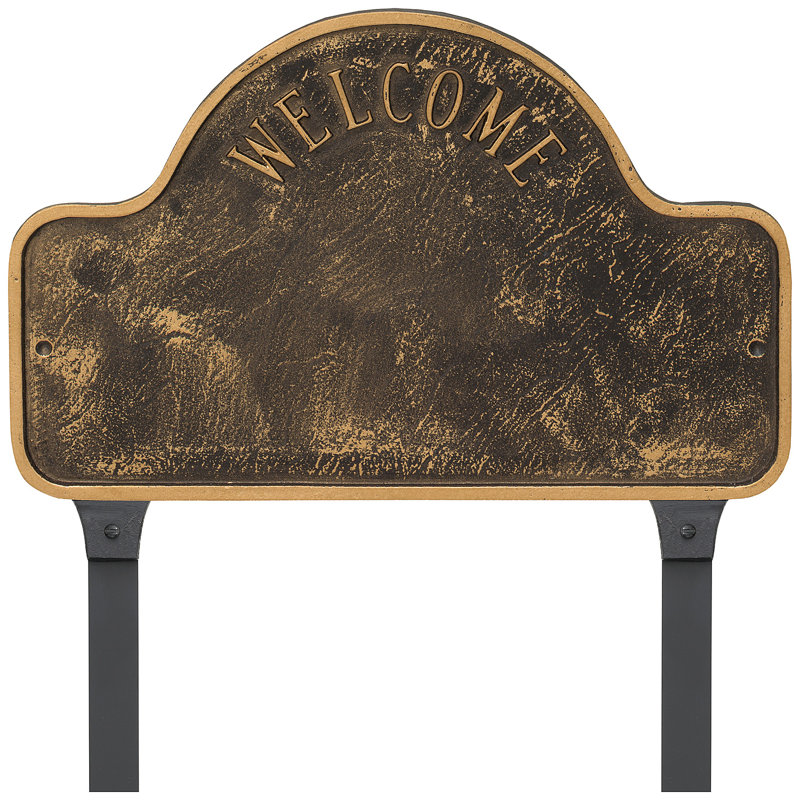 Enseigne d’adresse pour pelouse sur 3 lignes welcome, Bronze vieilli / doré, Oui