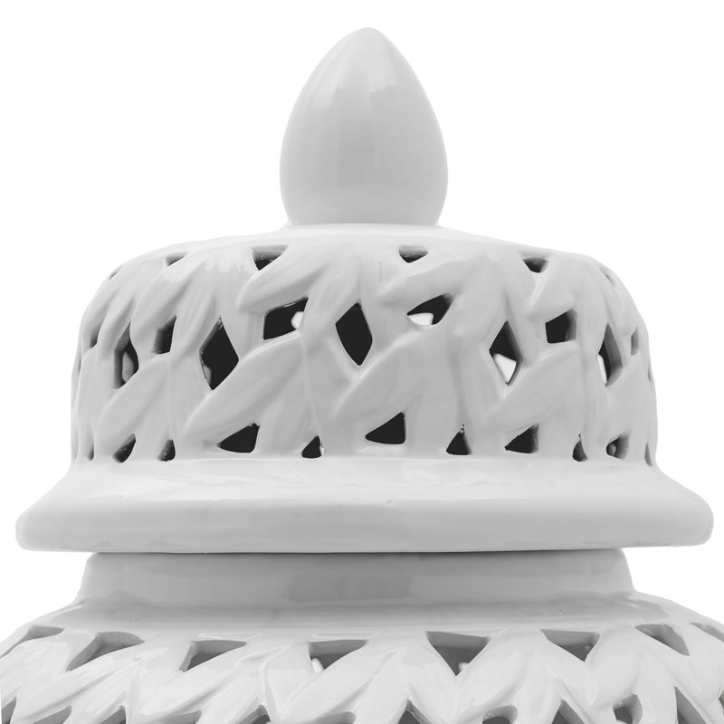 Stoneware Ceramic Jar with Intricate Cutout Design and Removable Lid, White, 17.75" H x 9.25" W x 9.25" D