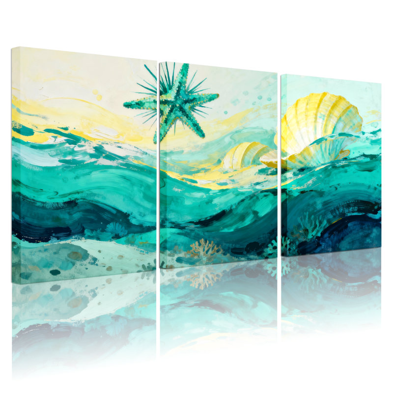 Nautique et plage, océan, vagues, étoile de mer, corail, sable, coucher de soleil, ciel, ensemble de 3 impressions sur toile