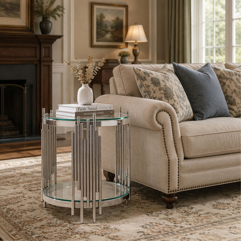 Table de bout ronde de luxe avec plateau en verre trempé transparent à 2 niveaux et structure en acier inoxydable argenté, table d'appoint moderne