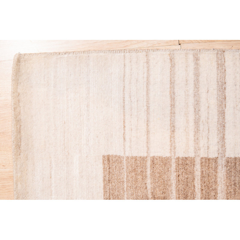 Ivory Hand-Knotted Wool Viscose Framed Horizon Stripe Geometric Modern Contemporary Carpet Rug, 5' x 8'
