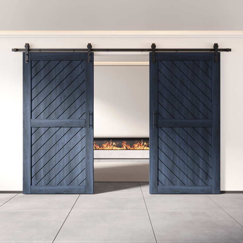 Homacer Navy Unassembled & Finished Slanted Stripe Design Two Barn Door with Non-Bypass Installation Hardware Kit, interior use only