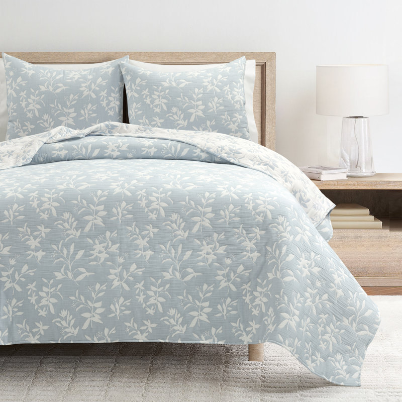 Blue Floral Jacquard Reversible Full/Queen Quilt Set