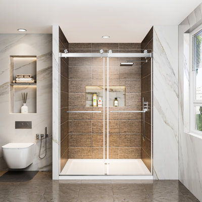 60" W Double Sliding Shower Door With Soft-close Function, 3/8" (10mm) Clear Tempered Glass -proof Film, Dual Stainless Steel Handles, Material, Water-repellent Coating 78" H Door, Brushed Nickel