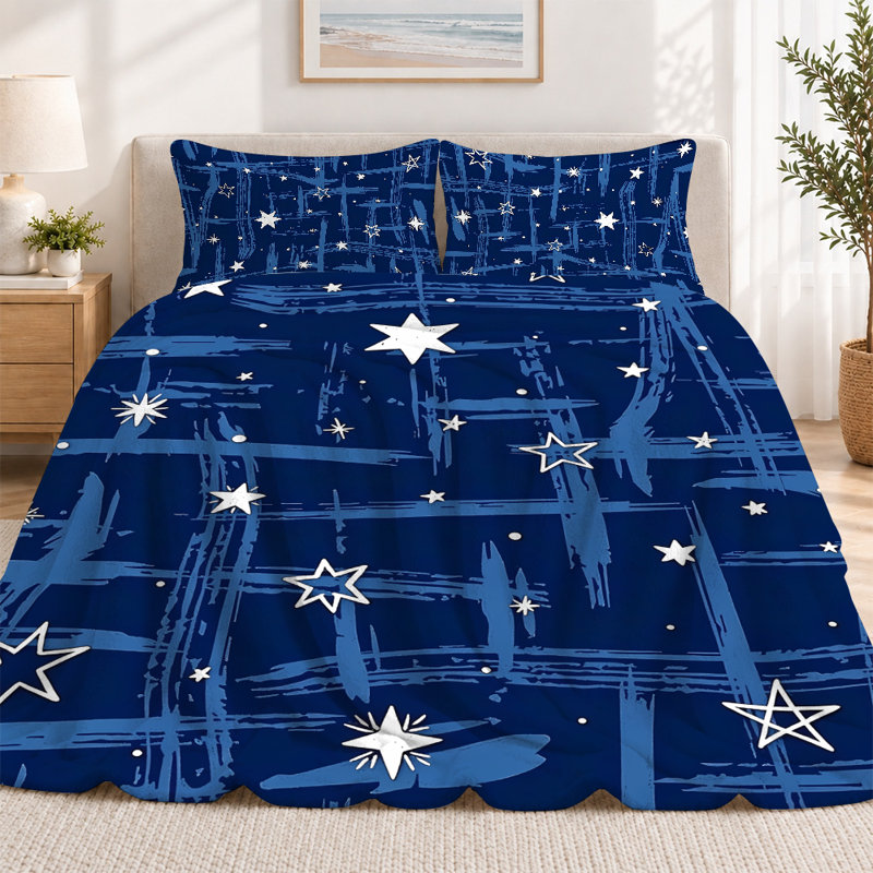Premium Flannel Lightweight Blanket & 2 Pillow Shams Set with Blue Starry Night Sky in Brushstroke Texture, Ultra-Soft & Warm Cozy Bedding Set for All-Season, 60" x 80" Blanket + 2 Pillowcases Anti-Pilling & Machine Washable(Set of 3)