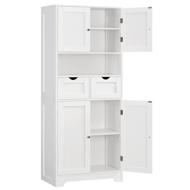 Bathroom Storage Cabinet, Freestanding Storage Unit With 4 Doors, 2 Drawers, 2 Adjustable Shelves, For Bathroom, Kitchen & Living Room, White 
