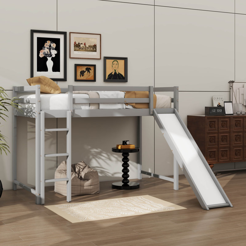 Twin Over Twin Bunk Bed With Slide And Ladder Wood Bed, Gray