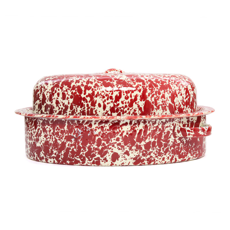 Crow Canyon Enamelware Splatter Large Covered Oval Roaster, Burgundy/Cream