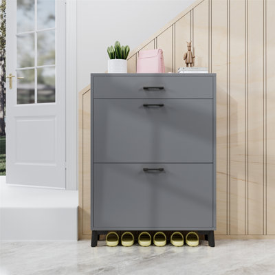 Shoe Storage Cabinet For Entryway, Free Standing Shoe Organizer With 2 Flip Drawers