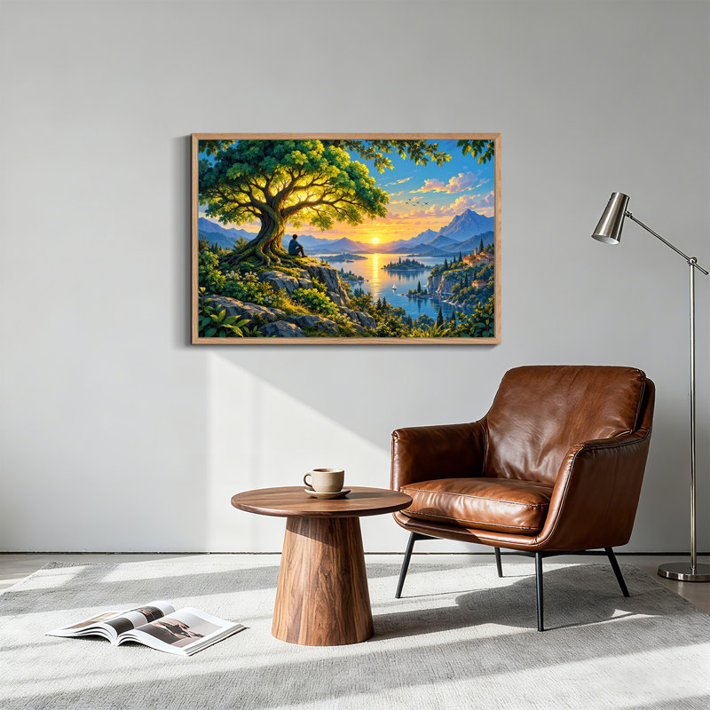 Grande toile murale représentant un arbre surplombant un lac de montagne et un coucher de soleil, H 24 po x l 36 po