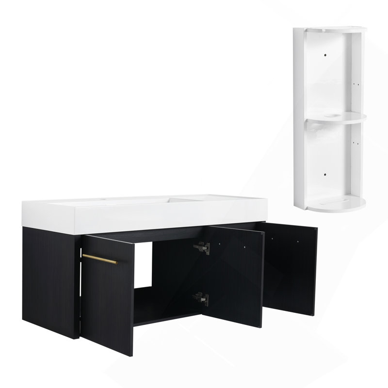 Meuble-lavabo mural 48 po avec lavabo et support de rangement, cuve gauche en résine à bords épais