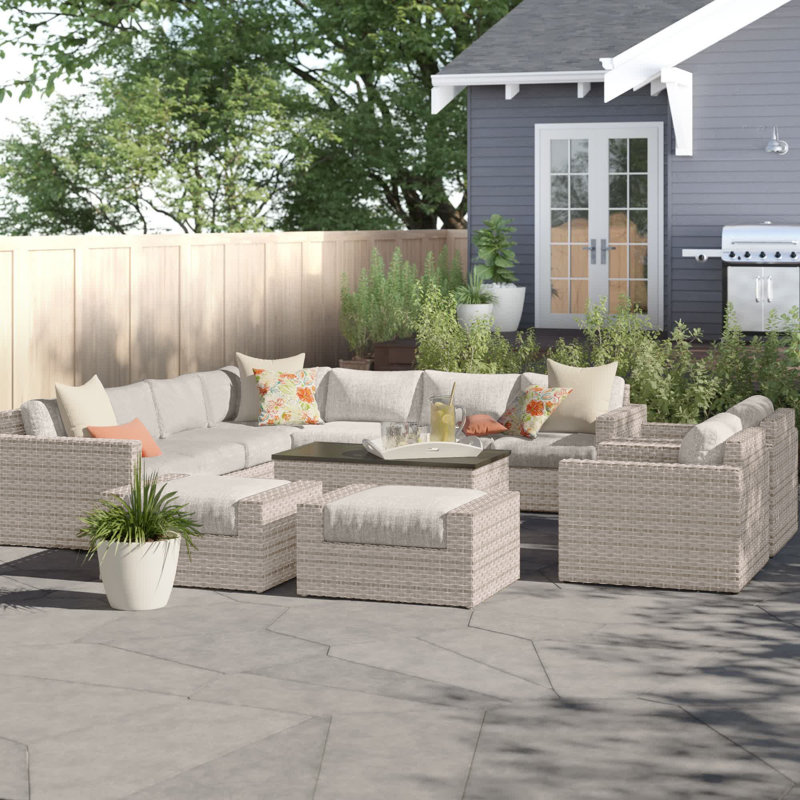 Avrahom 10 Piece Rattan Sectional Seating Group with Cushions, Light Gray