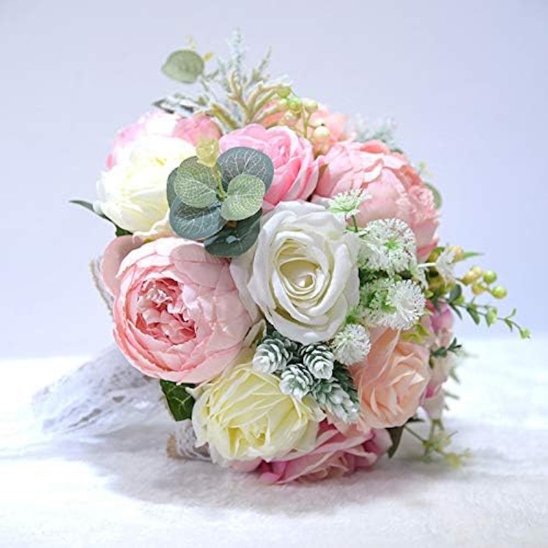 Artificial Wedding Rose Peony Bouquet - Burlap Lace Bow Décor
