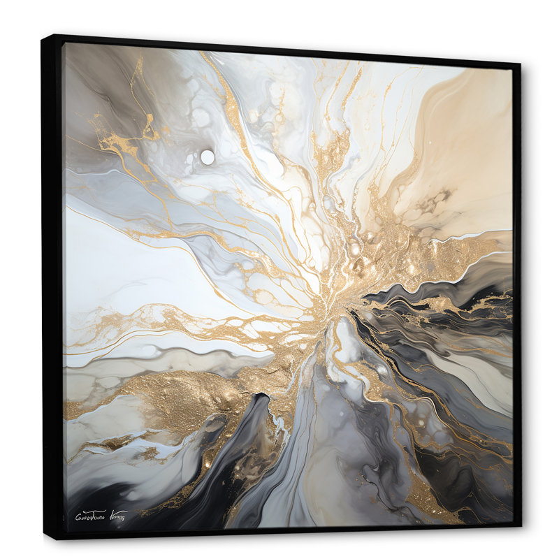 Explosion d'art liquide beige et noir, H 24 po x l 24 po x P 1 po, Cadre flottant noir
