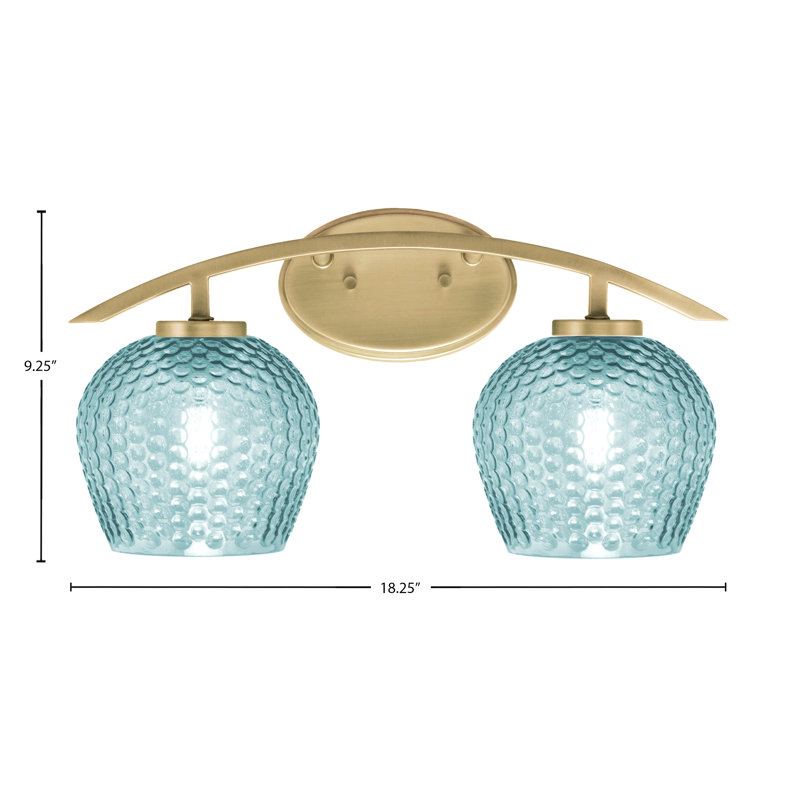 Kurve 2 Light Bath Bar Shown In New Age Brass Finish With  6" Turquoise Textured Glass