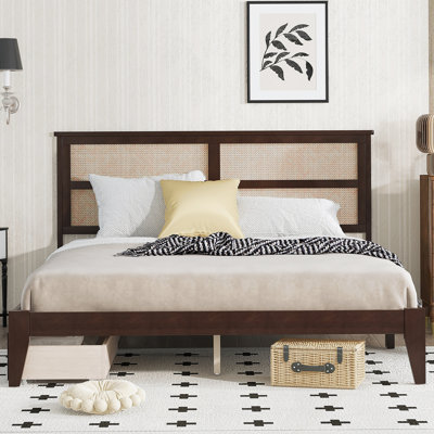 Très grand lit avec tête de lit en rotin, deux tiroirs de rangement, lit en bois d'hévéa avec pieds et pieds de soutien améliorés, espresso