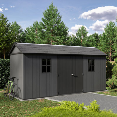 Keter Newton Plus Durable Resin Outdoor Storage Shed With Floor and Double Doors for Garden Patio Furniture and Tools, Graphite Grey (6 Available Sizes)