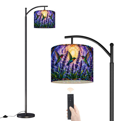 Dimmable LED Arc Standing Floor Lamp Hummingbirds Lavender, Height Adjustable Lamp Shade with Remote Controller, for Living Room Bedroom Office