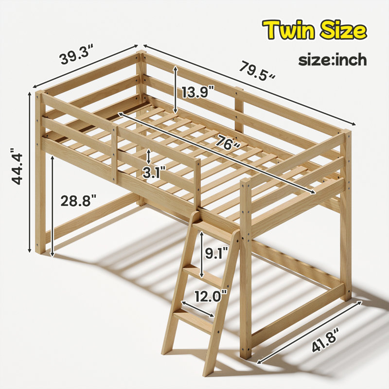Lit mezzanine simple pour enfant - convertible en lit superposé, cadre de lit moderne en bois massif avec éclairage à DEL, chêne.