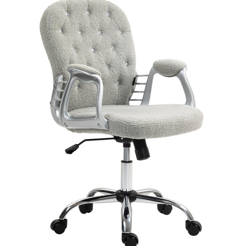 Chaise de bureau grise, revêtement en molleton, bouton, hauteur de siège réglable, pivotement à 360 °, assise relaxante rembourrée, détails, mouvement doux et rembourré