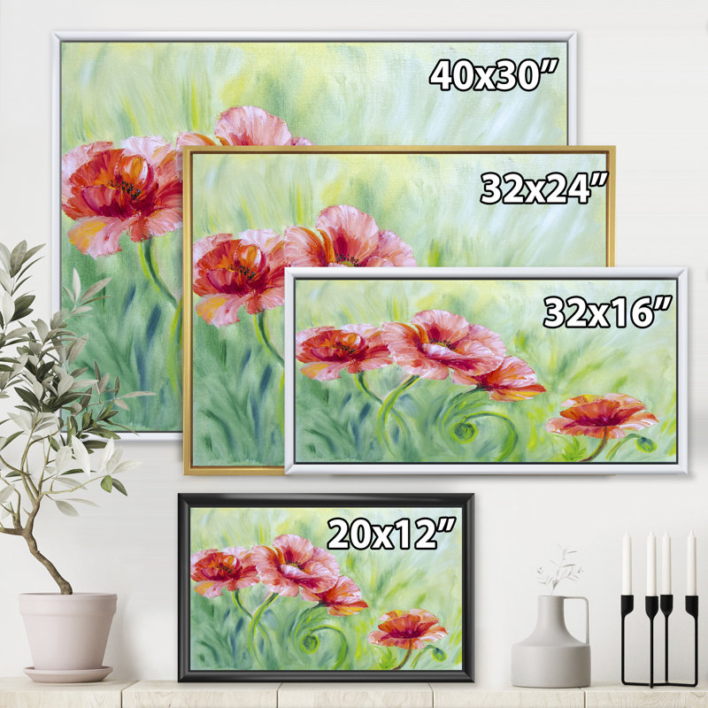 «Red Blossoming Poppies II», peinture sur toile, H 24 po x l 32 po x P 1 po, Toile avec cadre noir