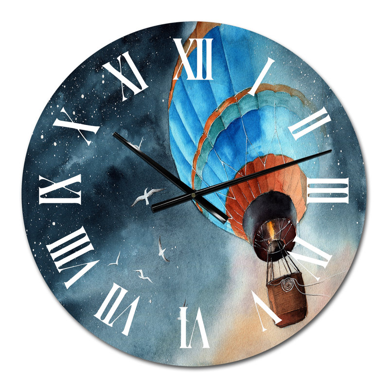 Horloge murale en forme de montgolfière bleue dans la nuit étoilée, Moyen