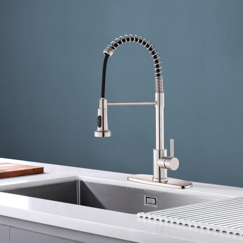 Kitchen Faucet With Pull Down Sprayer Industrial 1 Handle 1 Hole Or 3 Hole Faucet For Farmhouse Camper Laundry Utility Rv Wet Bar Sinks, Stainless Steel, Brushed Nickel