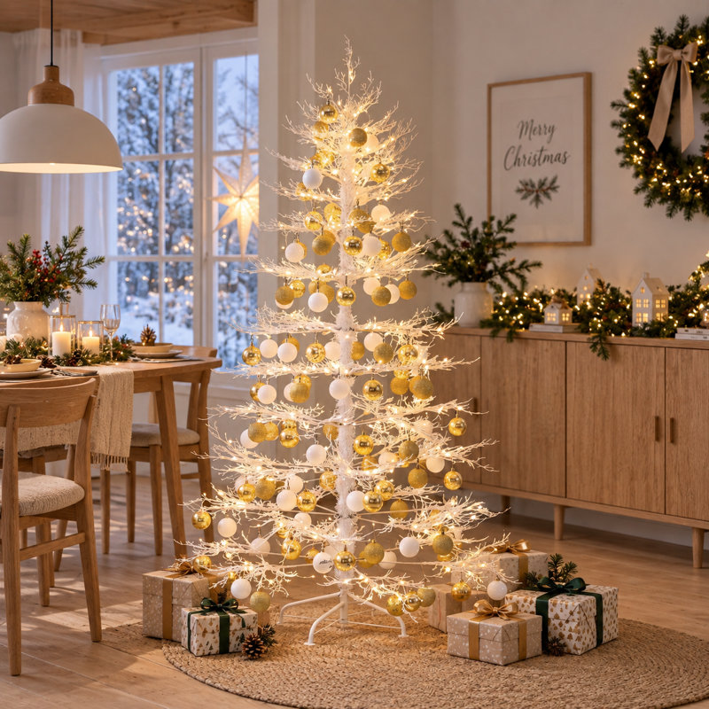 Sapin de Noël artificiel blanc pré-illuminé de 1,83 m avec 600 lumières DEL blanc chaud et 150 décorations