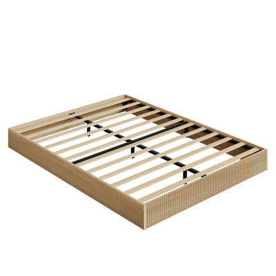 Queen Size Low Profile Fluted Wood Platform Bed Frame, Minimalist Modern Bedroom Bed, Natural Oak Finish, No Box Spring Required